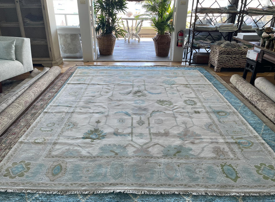 Arda Hand-Knotted Indian Oushak Wool Rug - Ivory, Aquamarine, Dove and Basil 244 x 305cm