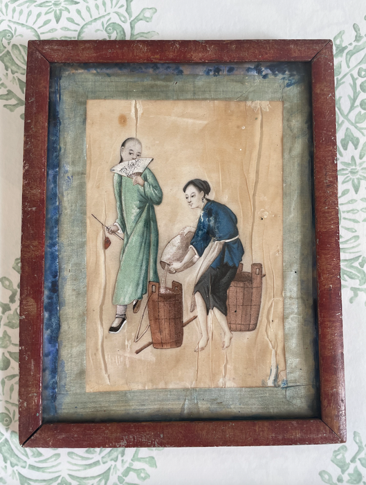 Pair of Antique 19th Century Chinese Figure Paintings on Parchment