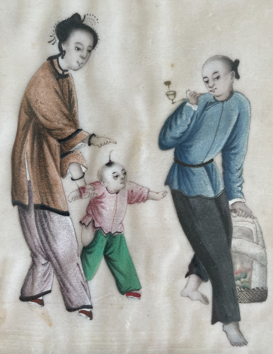 Pair of Antique 19th Century Chinese Figure Paintings on Parchment