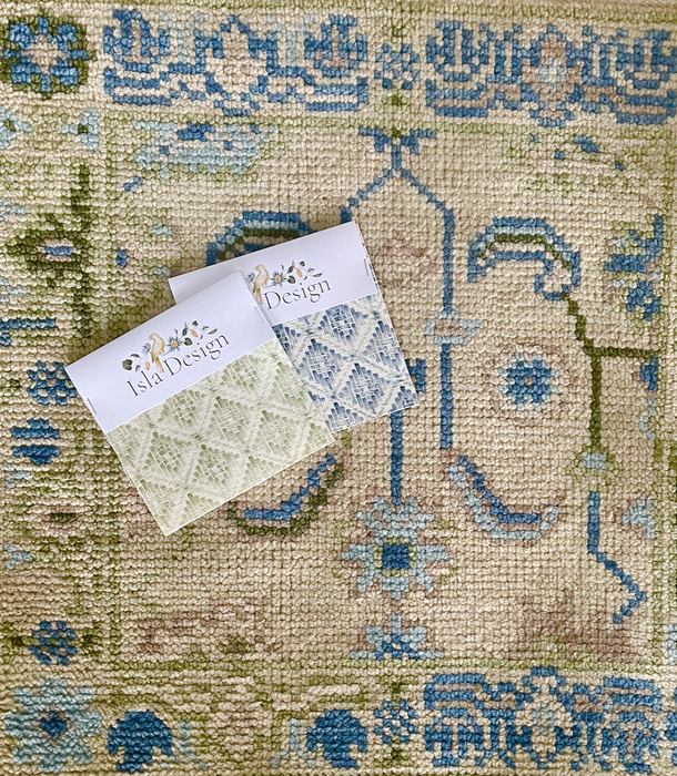 Sakin Hand-Knotted Indian Oushak Wool Rug - Ivory, Sapphire and Basil 305cm x 244cm