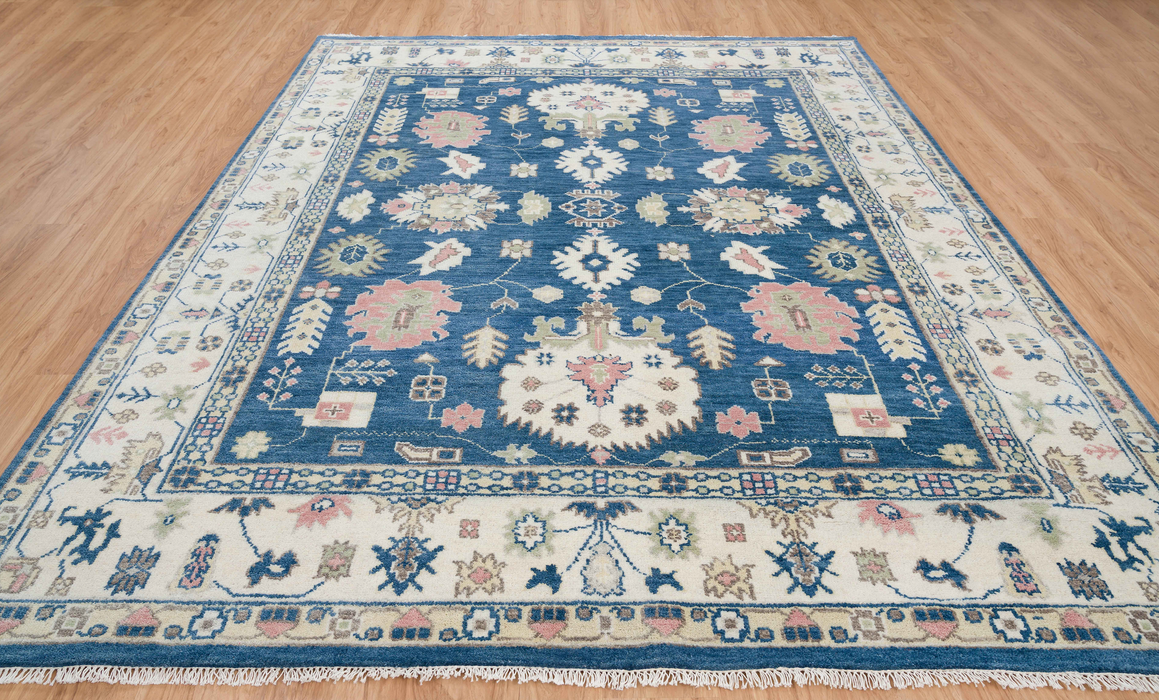 Esra Hand-Knotted Indian Oushak Wool Rug - Sapphire, Ivory and Blossom 244 x 305cm