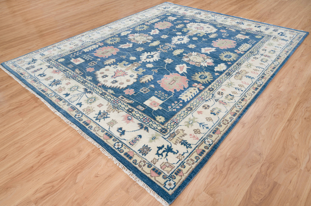 Esra Hand-Knotted Indian Oushak Wool Rug - Sapphire, Ivory and Blossom 244 x 305cm