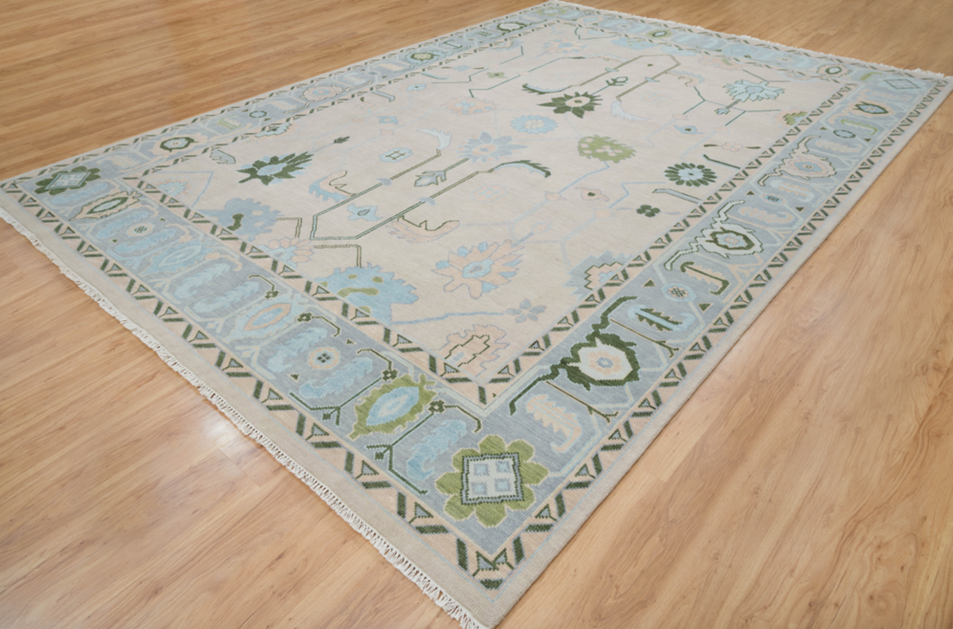 Dilara Hand-Knotted Indian Oushak Wool Rug - Blossom, Sapphire and Basil 305cm x 244cm