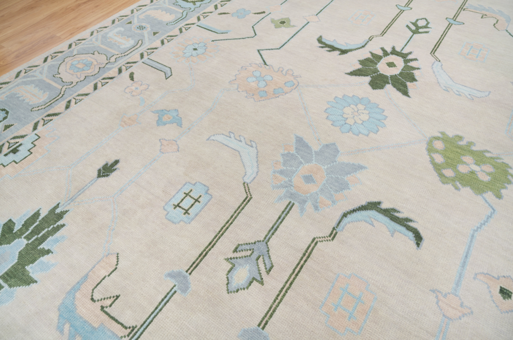 Dilara Hand-Knotted Indian Oushak Wool Rug - Blossom, Sapphire and Basil 305cm x 244cm