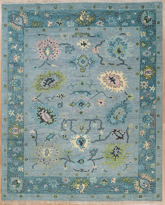 Hazine Hand-Knotted Indian Oushak Wool Rug - Aquamarine, Sage, Blossom and Basil 244cm x 305cm