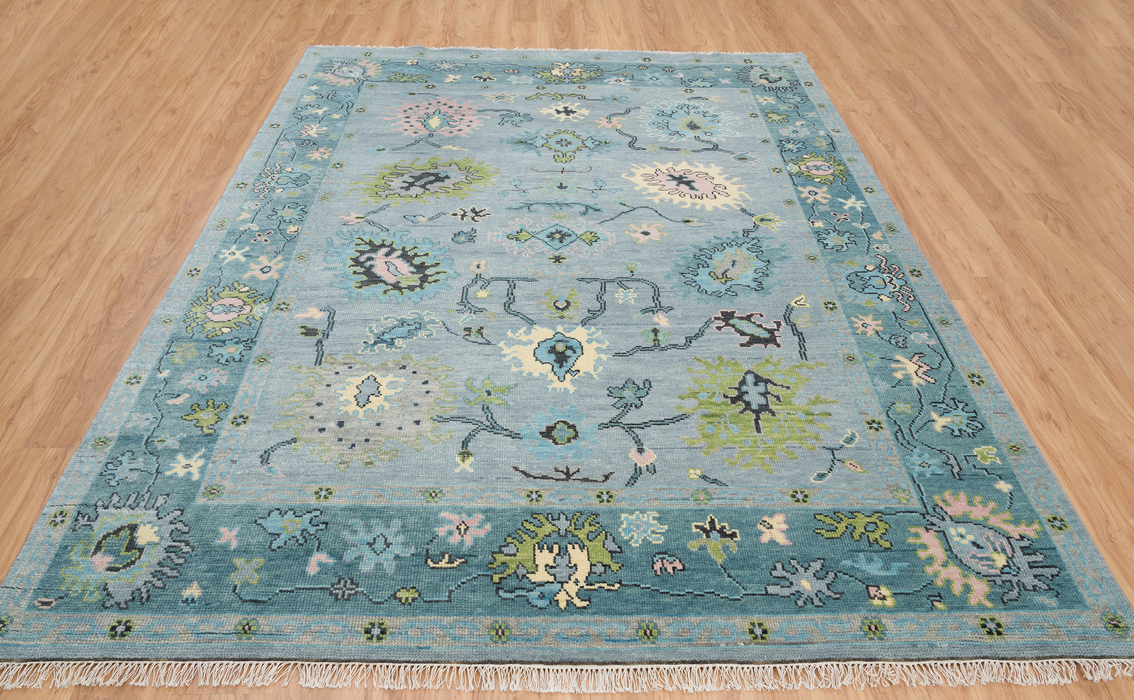 Hazine Hand-Knotted Indian Oushak Wool Rug - Aquamarine, Sage, Blossom and Basil 244cm x 305cm