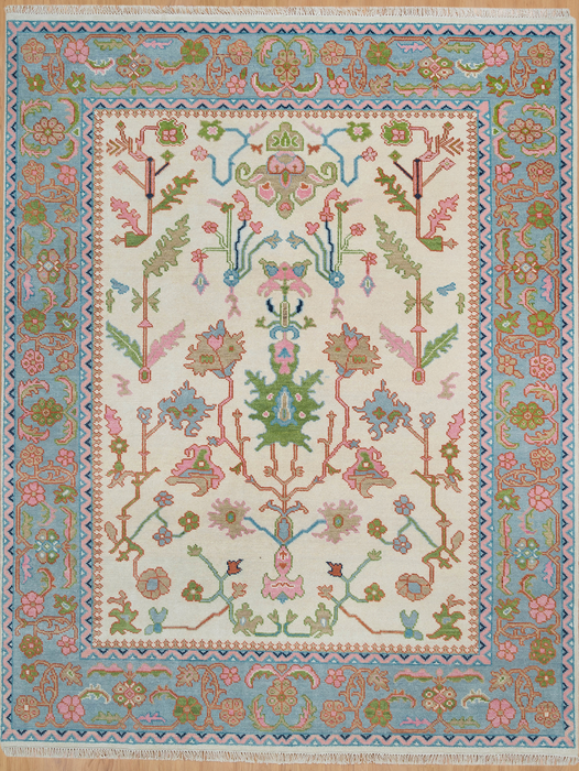 Zehra Hand-Knotted Indian Oushak Wool Rug - Ivory, Sapphire, Blossom and Basil 305cm x 244cm