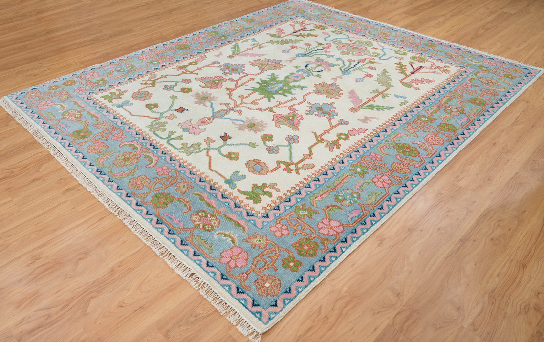 Zehra Hand-Knotted Indian Oushak Wool Rug - Ivory, Sapphire, Blossom and Basil 305cm x 244cm