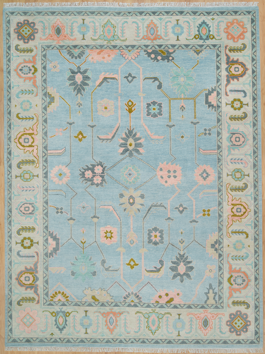 Dilek Hand-Knotted Indian Oushak Wool Rug - Sapphire, Blossom, Aquamarine and Charcoal 244cm x 305cm