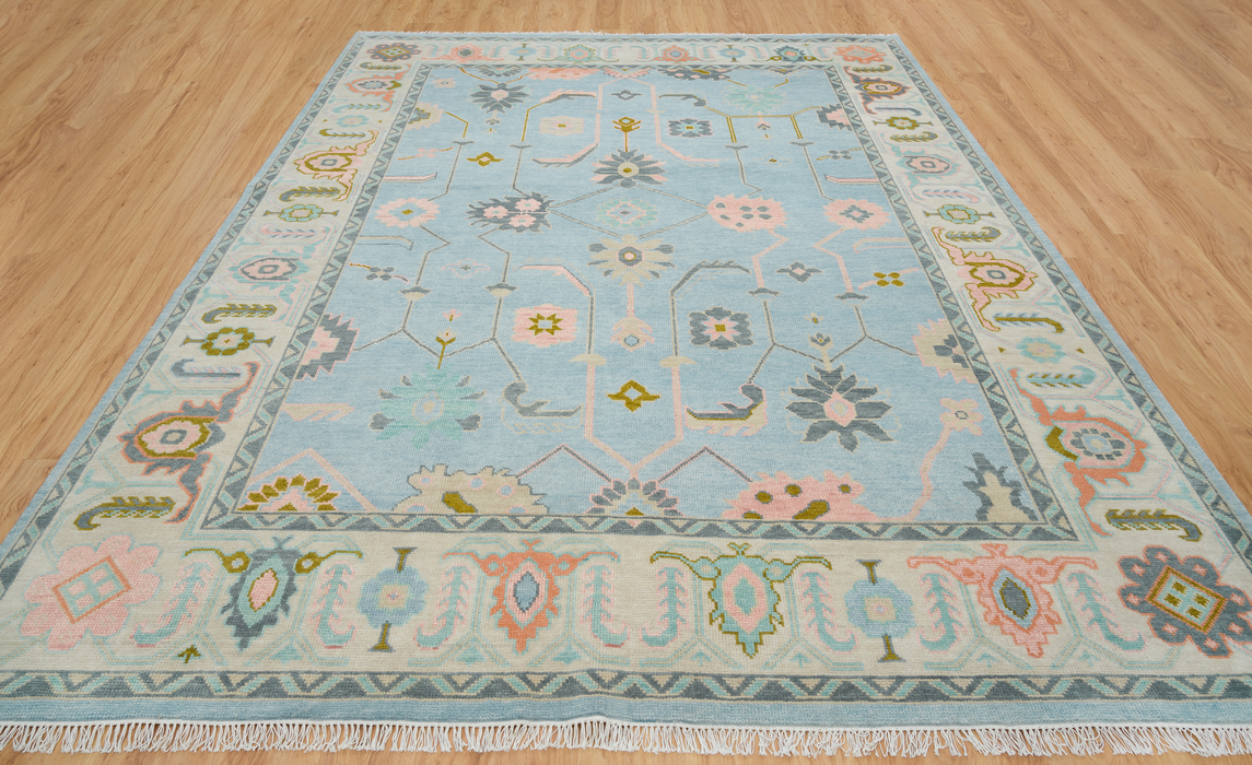 Dilek Hand-Knotted Indian Oushak Wool Rug - Sapphire, Blossom, Aquamarine and Charcoal 244cm x 305cm