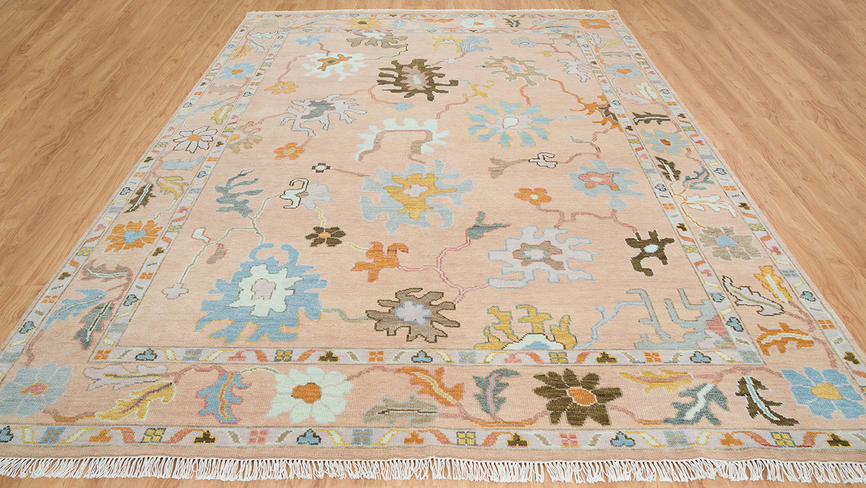 Nasrin Hand-Knotted Indian Oushak Wool Rug - Blossom, Aqumarine and Teak 305cm x 244cm