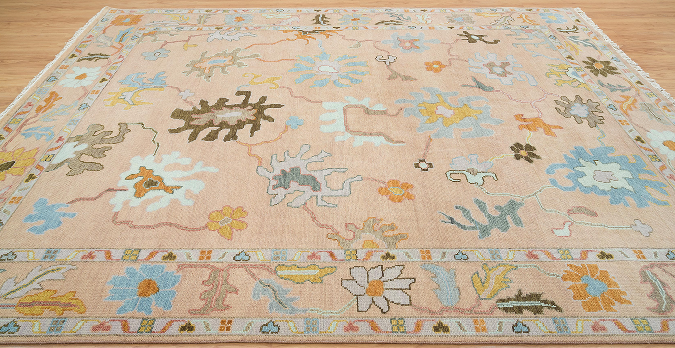 Nasrin Hand-Knotted Indian Oushak Wool Rug - Blossom, Aqumarine and Teak 305cm x 244cm