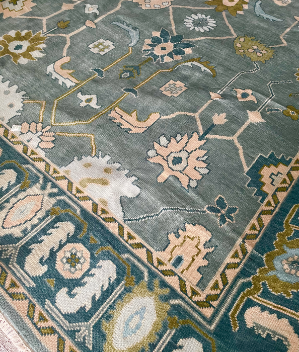 Hazine Hand-Knotted Indian Oushak Wool Rug - Aquamarine, Sage, Blossom and Basil 244cm x 305cm